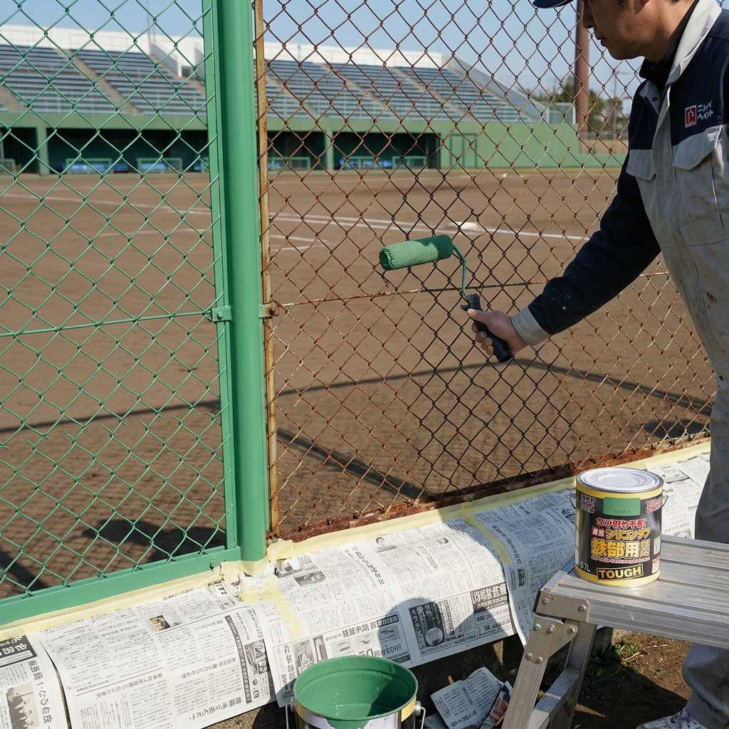 グラウンドのフェンス塗装（ローラー）