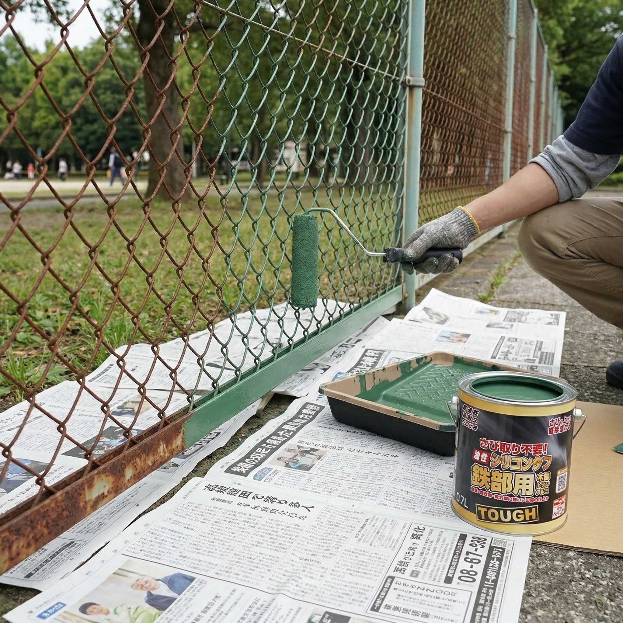 公園のフェンス塗装（ローラー）