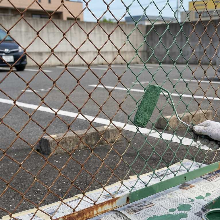 駐車場のフェンス塗装（ローラー）